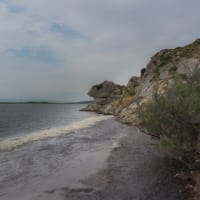 La plage de la combe du Chinois protégée par des bosquets de Tamaris, avec à l'horizon le roc de Conilhac