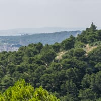 Vue sur Gruissan et la tour Barberousse, au premier plan le plateau de Castela