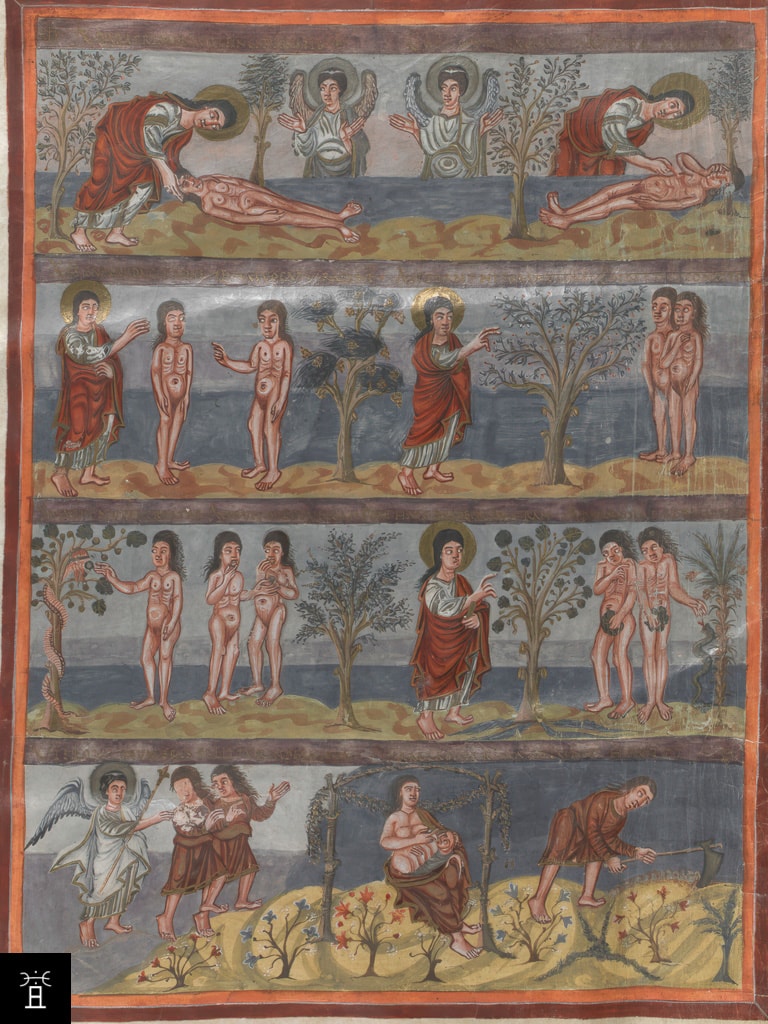 Dans la Genèse f5v de la Bible de Moutier-Grandval (c. 835), l’arbre représenté ne correspond pas à une espèce botanique identifiable. Il remplit avant tout une fonction narrative et symbolique, il ne s’agit pas d’un figuier, mais de l’archétype de l’Arbre de la Connaissance du Bien et du Mal