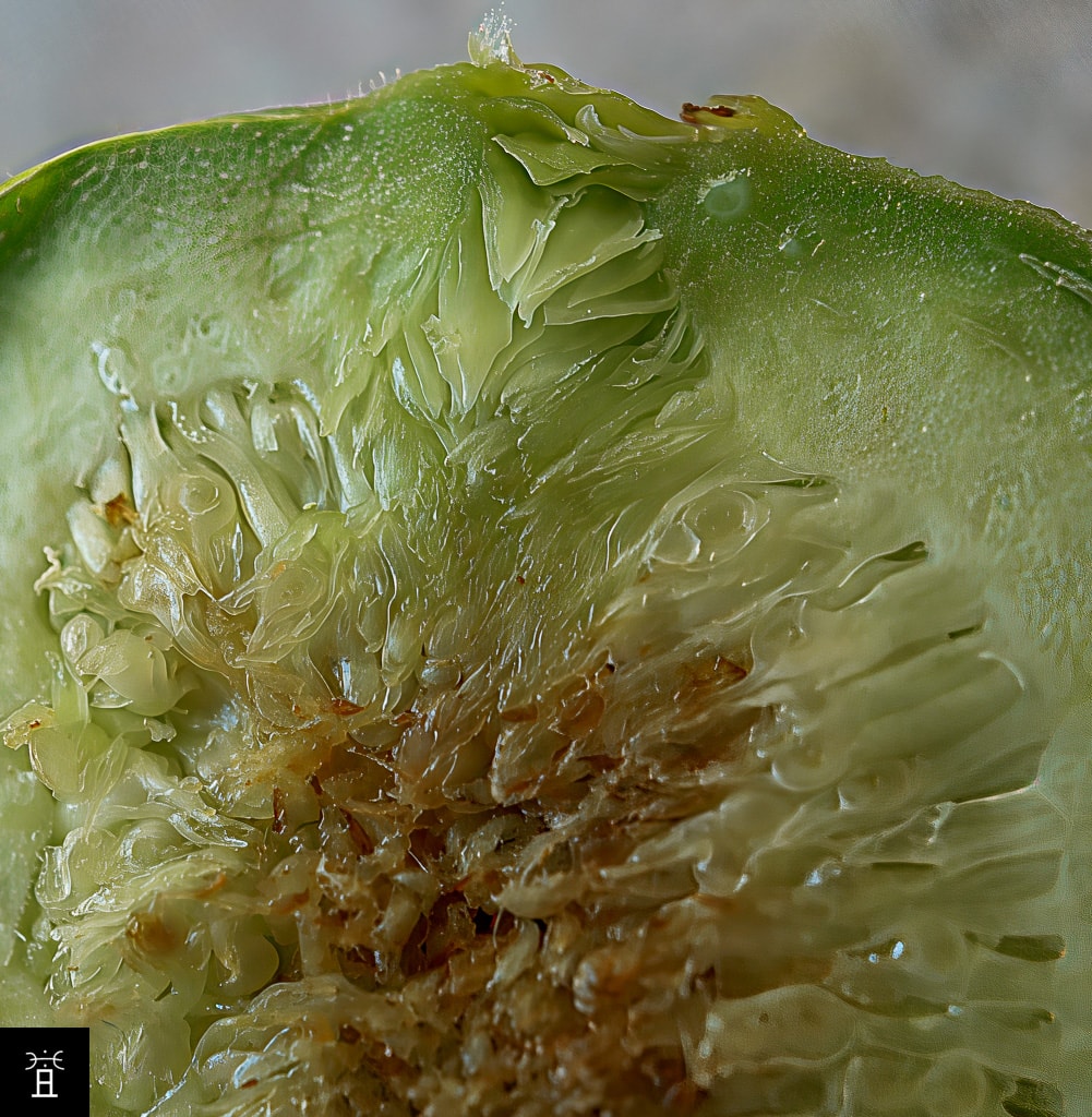 L'ostiole, les bractées, les zones fleurs mâles rudimentaires - fleurs femelles.