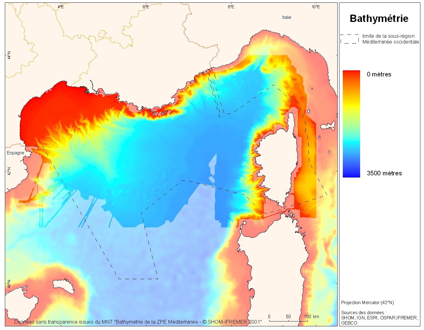 Carte bathymétrique du Golfe du Lion montrant le plateau continental à l'isobathe 100 m. La zone colorée en rouge représente les terres émergées au maximum würmien. La Clape se retrouvait à plusieurs dizaines de kilomètres du rivage.