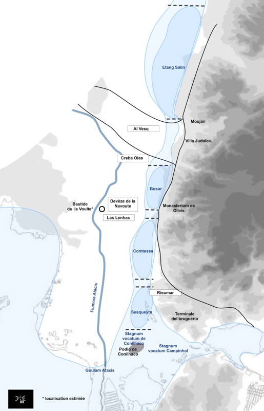 Le système d'étangs dans les Basses-Plaines de Narbonne au Bas Moyen Âge: hypothèse de positionnement sur fond de carte actuelle