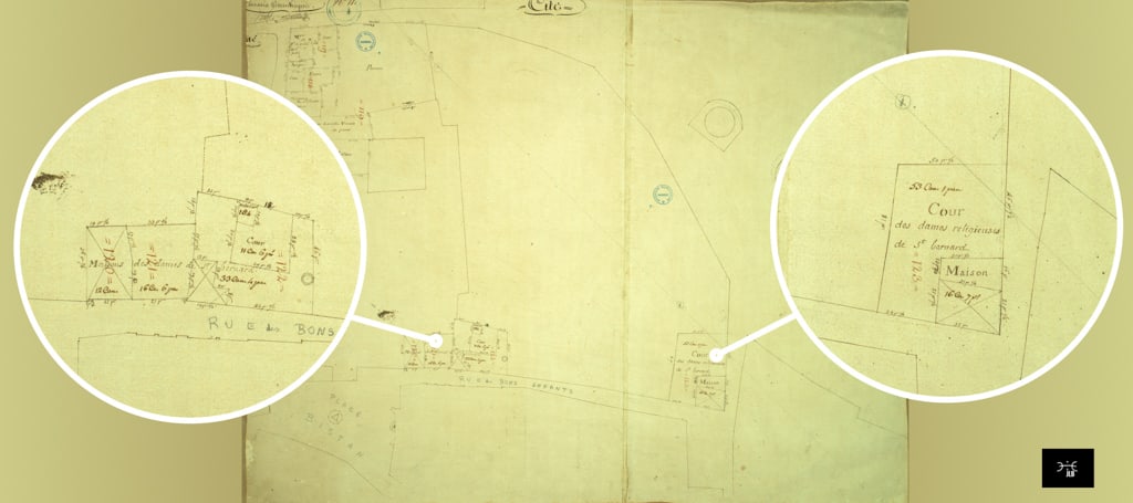 Localisation des bâtiments des Dames religieuses de St Bernard au XVIIIe siecle à Narbonne dans l’île St Louis près de la place Bistan, rue des Bons Enfants (ex rue Saint Bernard), 1774-1784 Varlet-Barthes © AD11