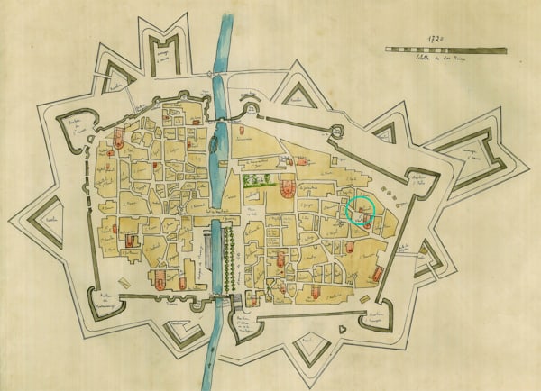 Localisation du couvent des Bernardines sur un plan de la ville de Narbonne daté de 1720 © AD11