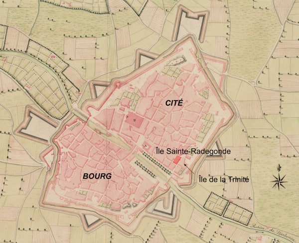 Localisation de l'île Saint-Radegonde sur un plan de la ville de Narbonne. A. Vicomté début du XVIIIe siècle © BNF