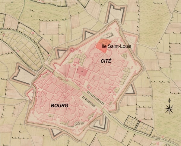 Localisation de l'île Saint-Louis sur un plan de la ville de Narbonne. A. Vicomté début du XVIIIe siècle © BNF