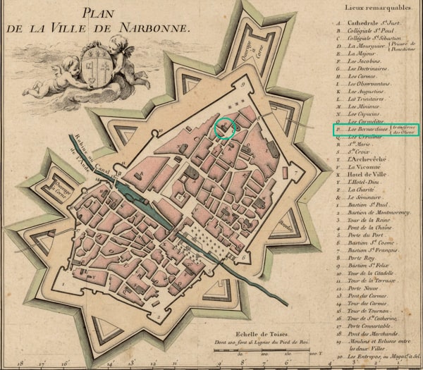 Le couvent des Bernardines, plan de la ville de Narbonne. Carte du diocèse de Narbonne, Buache Philippe 1760/1763 © BNF