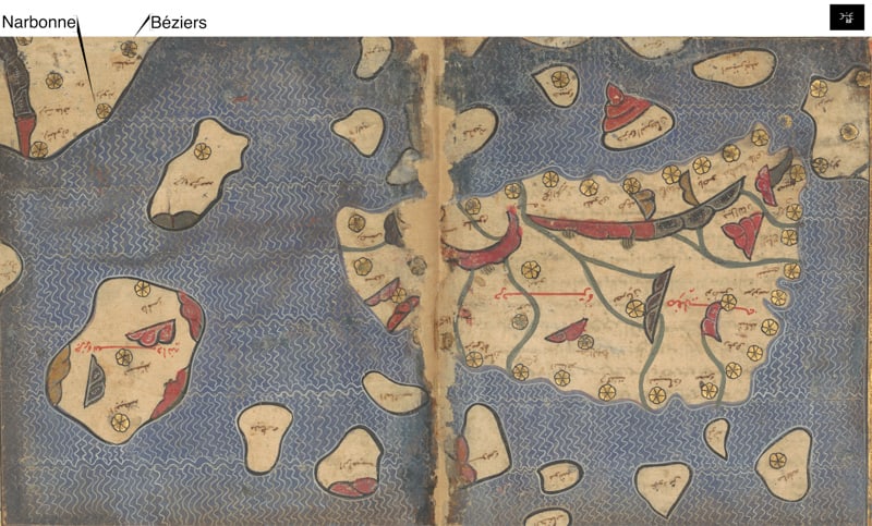 Muḥammad ibn Muḥammad al-Idrīsī, Îles de la Méditerranée (4e climat 2e section), 1250, copié autour de 1300 © BNF