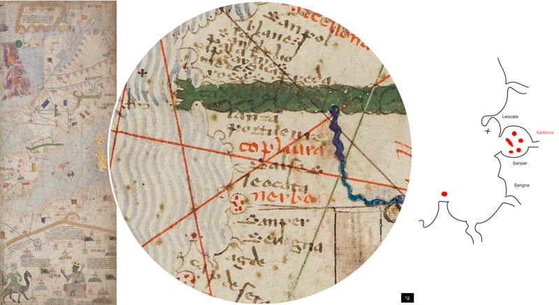 Narbonne et l'embouchure de l'Aude, Atlas Catalan Abraham Cresques 1375 © BNF