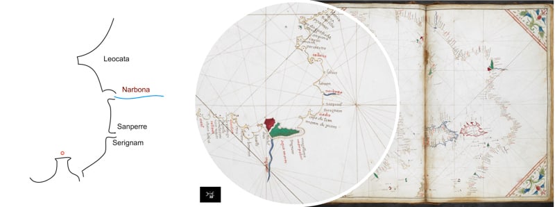 Chart of the Mediterranean west of Cerigo, nearly to the Straits of Gibraltar,  Cornaro Atlas- Nicolò Fiorino (Egerton MS 73, f.13r) © British Library