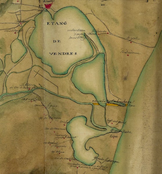 Carte (n°28) de la plaine entre les étang de Capestang, de Vendres et de Gruissan, 1766. © VNF