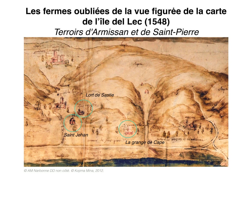 L'étang Salin - carte de l’île del Lec (1548). AM Narbonne DD non côté. ©Kojima Mina, 2012.