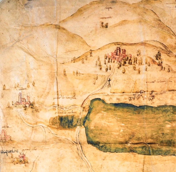 L'étang Salin, Vinassan et Marmorières. Partie de la carte de l’île del Lec (1548) AM Narbonne DD non côté (© Kojima Mina, 2012).