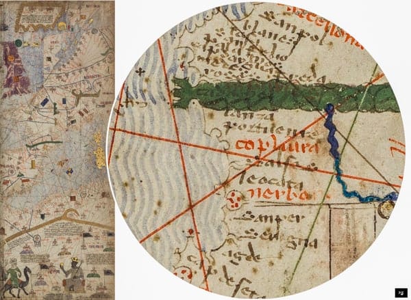Narbonne et l'embouchure de l'Aude, Atlas Catalan Abraham Cresques 1375 © BNF