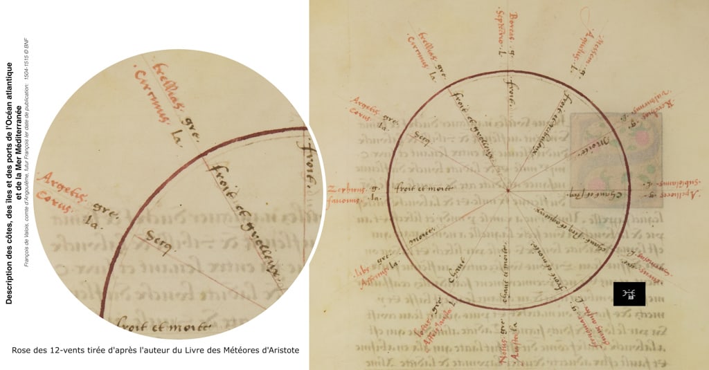 Description des côtes, des îles et des ports de l'Océan atlantique et de la Mer Méditerranée. Thracias et Circius dans la rose des vents issue du livre d'Aristote. 1504-1515 © BNF